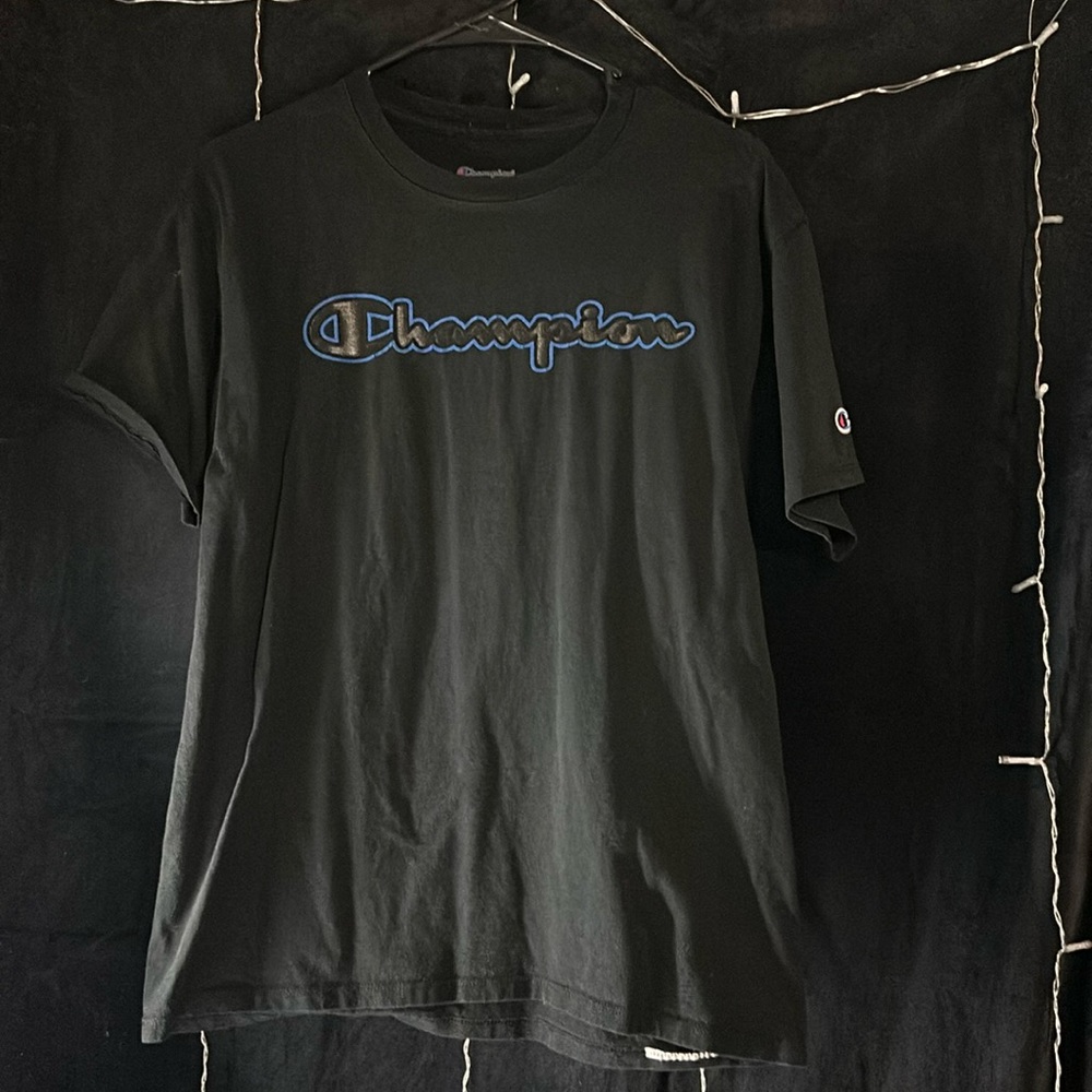 Champion Black T-Shirt with Blue Logo